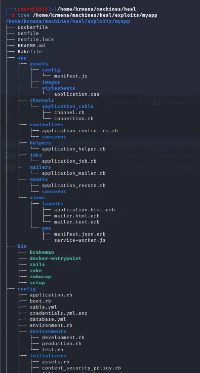 tree de un proyecto Rails recién creado mostrando app/, bin/, config/ con credentials.yml.enc y database.yml, y el resto de la estructura