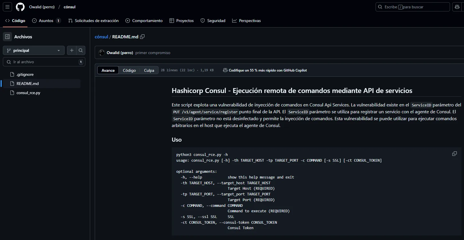 el README de owalid/consul-rce en GitHub explicando la inyeccion de comandos en el parametro ServiceID del endpoint de registro, con el bloque de uso del script