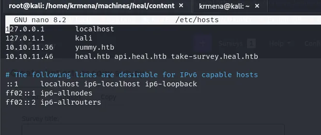 /etc/hosts con los tres nombres: heal.htb, api.heal.htb y take-survey.heal.htb