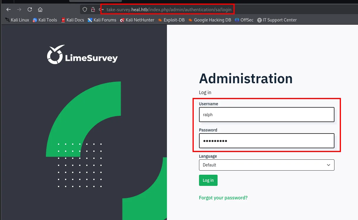 el login de take-survey.heal.htb es un LimeSurvey al que se entra con las credenciales de ralph