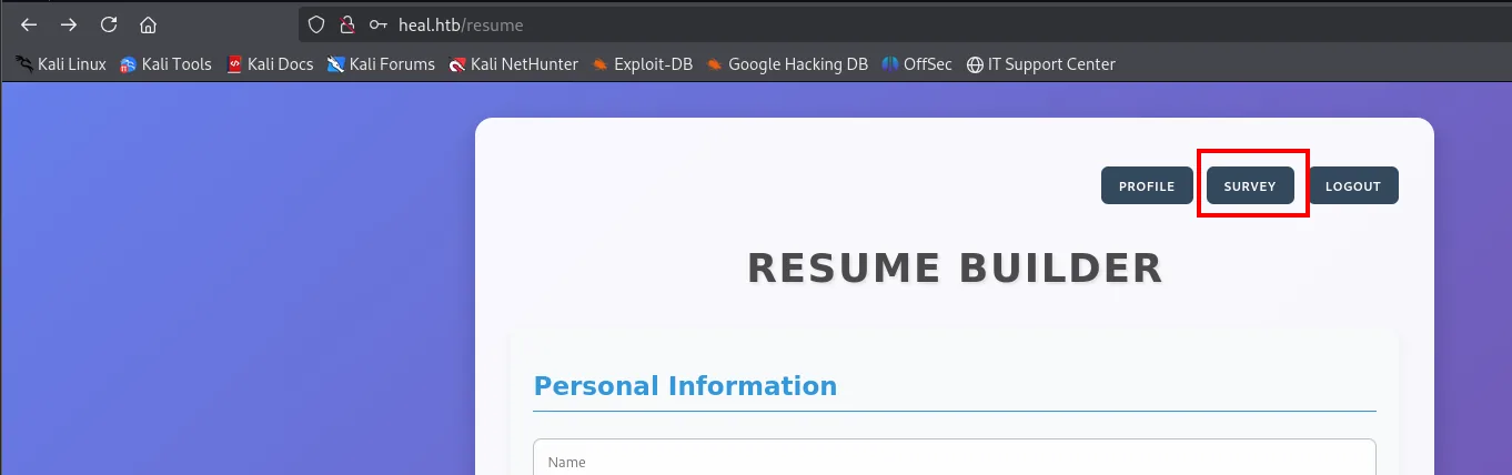 el Resume Builder con el botón SURVEY de la barra superior resaltado