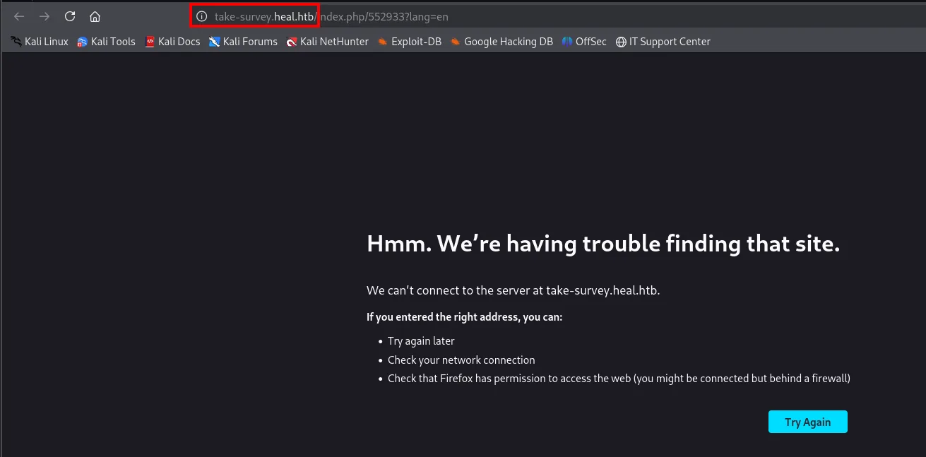 el botón apunta a un subdominio take-survey.heal.htb que aún no resuelve