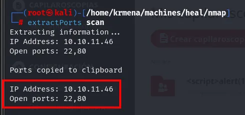 extractPorts leyendo el fichero scan y devolviendo IP Address 10.10.11.46 y Open ports 22,80, copiados al portapapeles