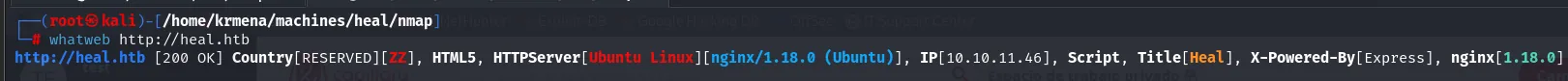 whatweb identifica el dominio heal.htb y un front basado en React
