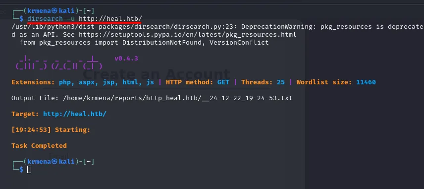 dirsearch contra heal.htb con 11460 palabras: la ejecución termina con "Task Completed" y ni una sola línea de resultado