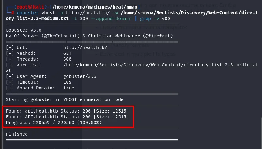 gobuster vhost descubre el subdominio api.heal.htb