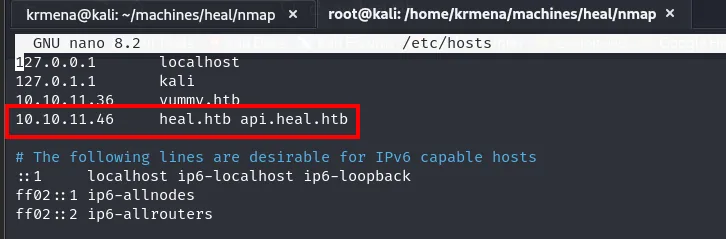 /etc/hosts ampliado con api.heal.htb junto a heal.htb