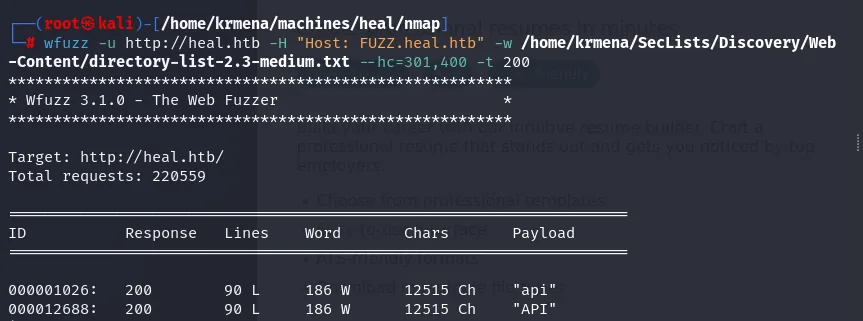 wfuzz con 220559 peticiones devuelve solo "api" y "API", ambas con 200 y 12515 caracteres