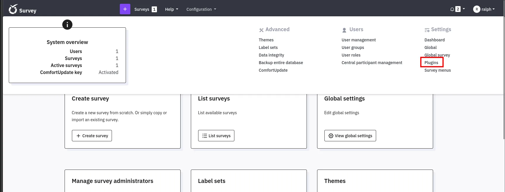 se entra al panel de LimeSurvey como ralph; la sección Plugins permite subir uno nuevo