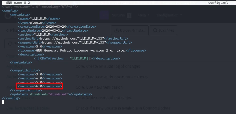 config.xml abierto en nano con la línea <version>6.0</version> añadida al bloque de compatibilidad