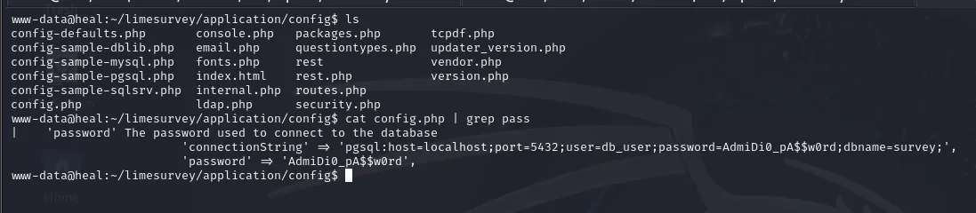 el config.php de LimeSurvey expone la contraseña de PostgreSQL AdmiDi0_pA$$w0rd