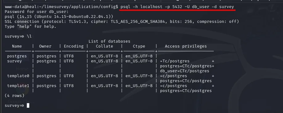 psql conectando como db_user a la base survey; \l lista postgres, survey, template0 y template1