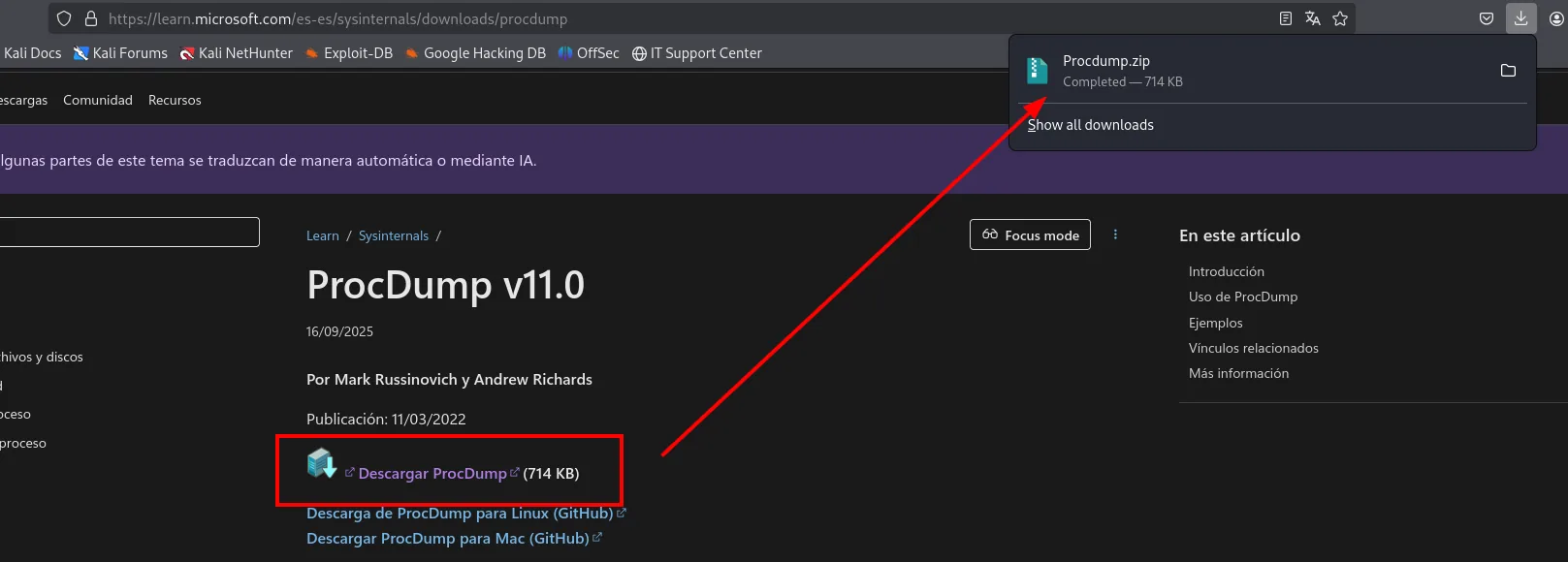 la página de ProcDump v11.0 en Microsoft Learn con el enlace Descargar ProcDump de 714 KB resaltado y el Procdump.zip ya descargado