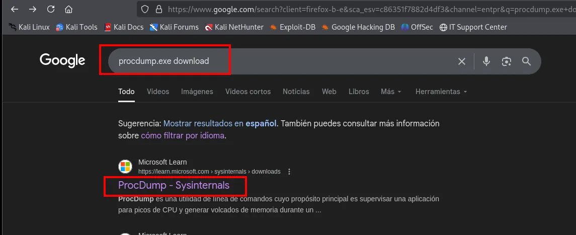 la búsqueda de "procdump.exe download" devuelve como primer resultado ProcDump - Sysinternals en Microsoft Learn