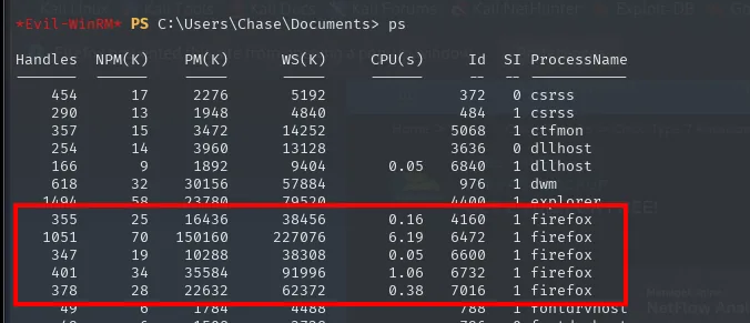 ps muestra varios firefox.exe corriendo bajo Chase
