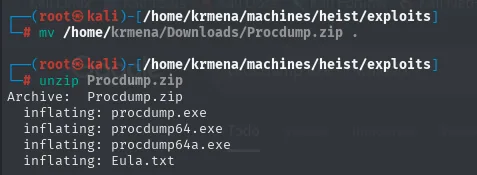 el zip de Procdump contiene procdump.exe, procdump64.exe, procdump64a.exe y Eula.txt