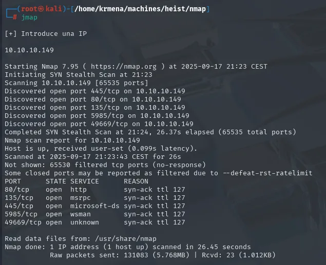 nmap -p- Heist: 80, 135, 445, 5985, 49669