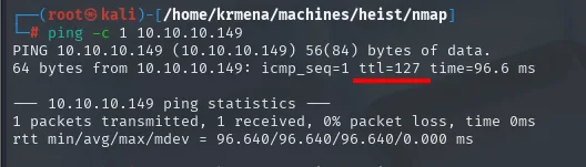 ping a 10.10.10.149: TTL 127 confirma Windows