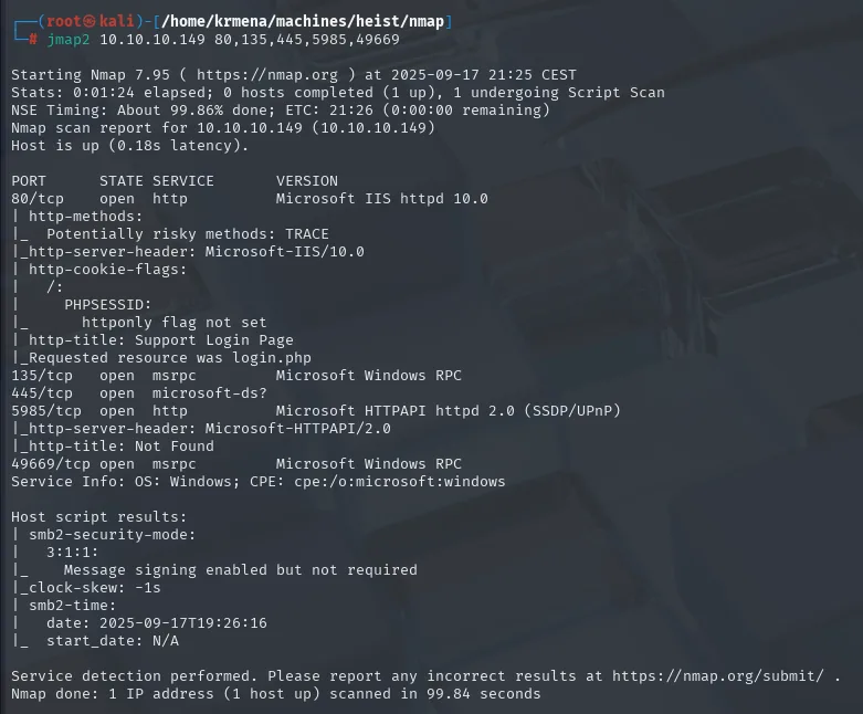 nmap -sCV identificando IIS 10.0, la redirección a login.php y el modo de firma SMB