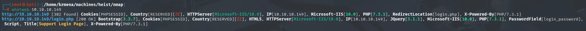 whatweb muestra el 302 a login.php y la combinación IIS 10.0 con PHP 7.3.1
