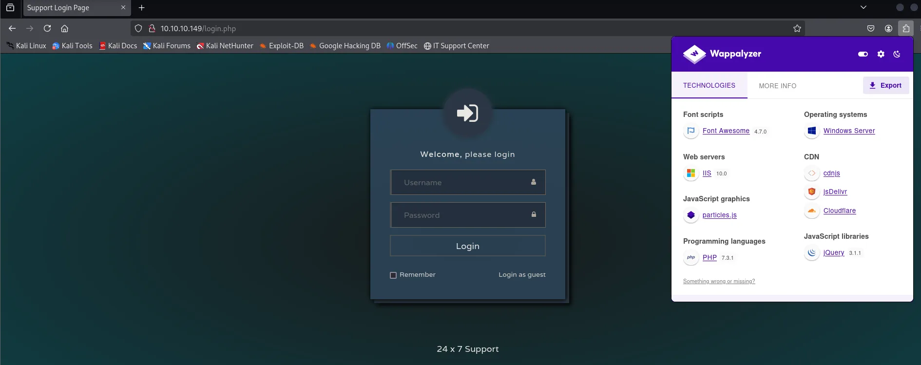 Wappalyzer sobre login.php: IIS 10.0, PHP 7.3.1, Windows Server, jQuery 3.1.1 y particles.js