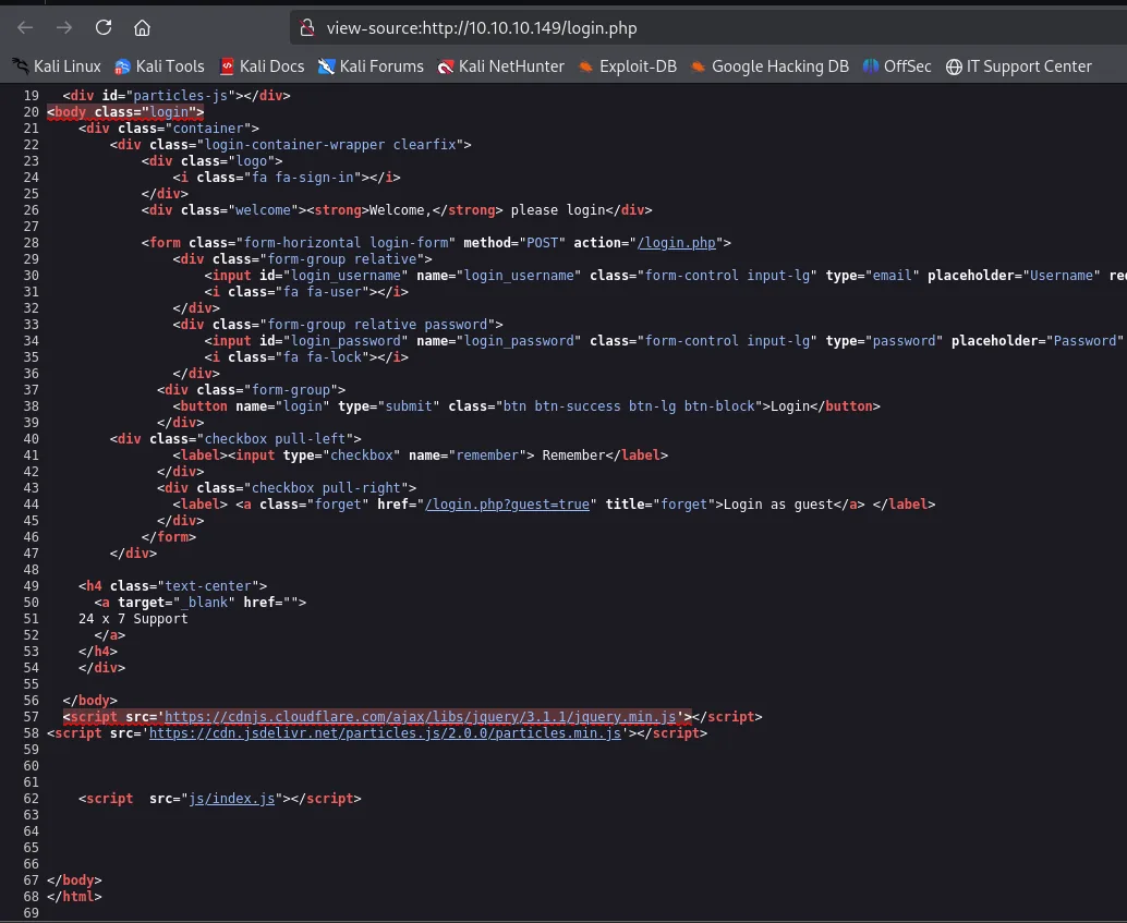view-source de login.php con el enlace /login.php?guest=true y el campo de usuario de tipo email