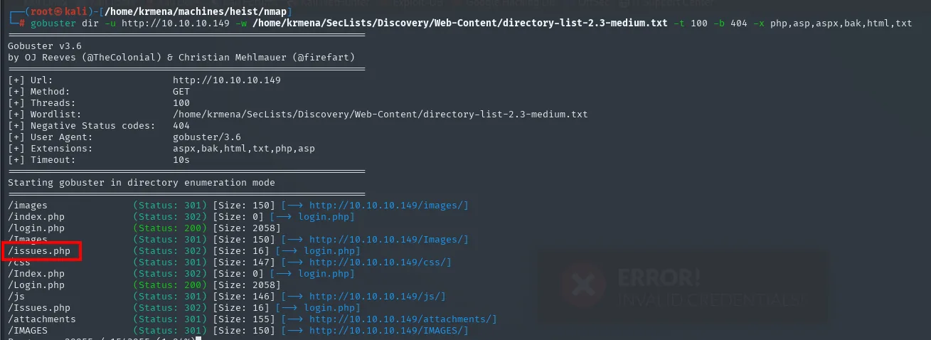 gobuster encuentra issues.php con un 302 hacia login.php, y las mismas rutas repetidas en mayúsculas