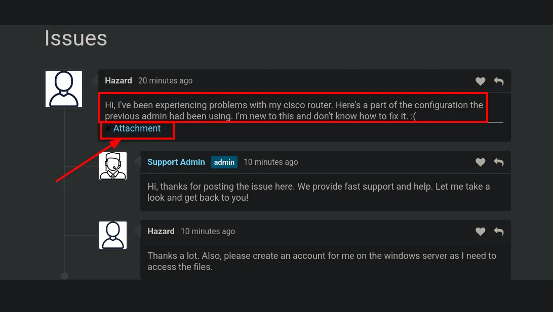 conversación en /issues.php con un adjunto config.txt