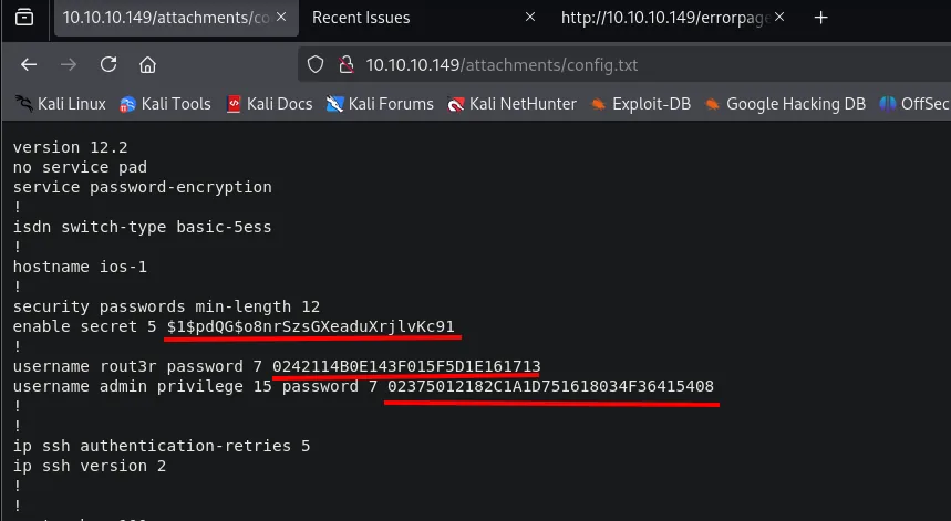 config.txt con un enable secret 5 y dos password 7