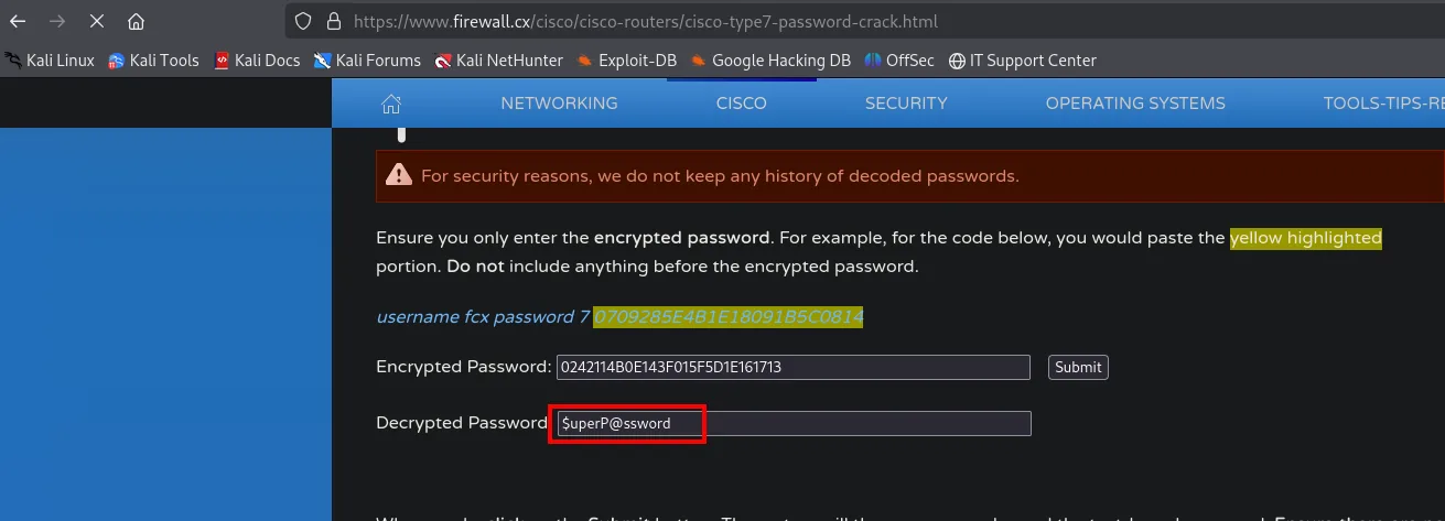 decoder Cisco type 7: 0242...1713 → $uperP@ssword
