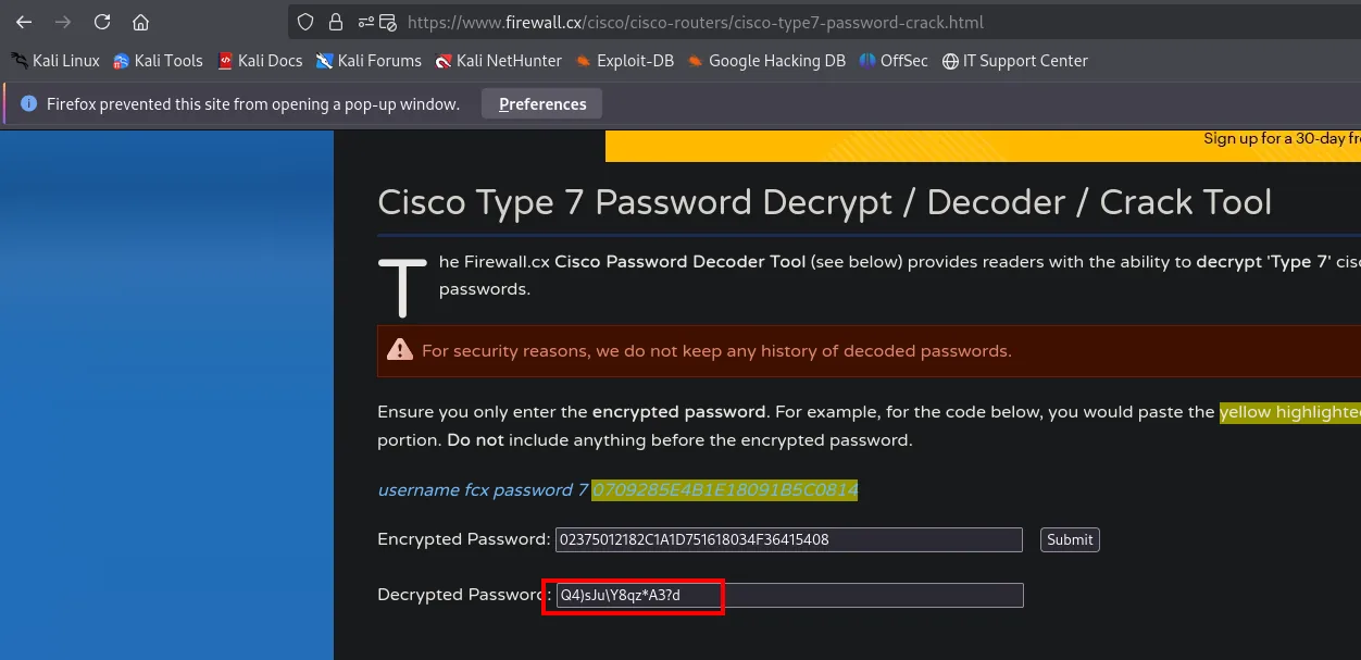 decoder Cisco type 7: 0237...5408 → Q4)sJu\Y8qz*A3?d