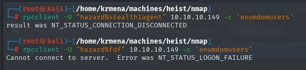rpcclient enumdomusers: CONNECTION_DISCONNECTED con la contraseña buena y LOGON_FAILURE con una inventada