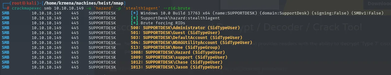 cme --rid-brute enumera usuarios: Administrator, Hazard, support, Chase, Jason
