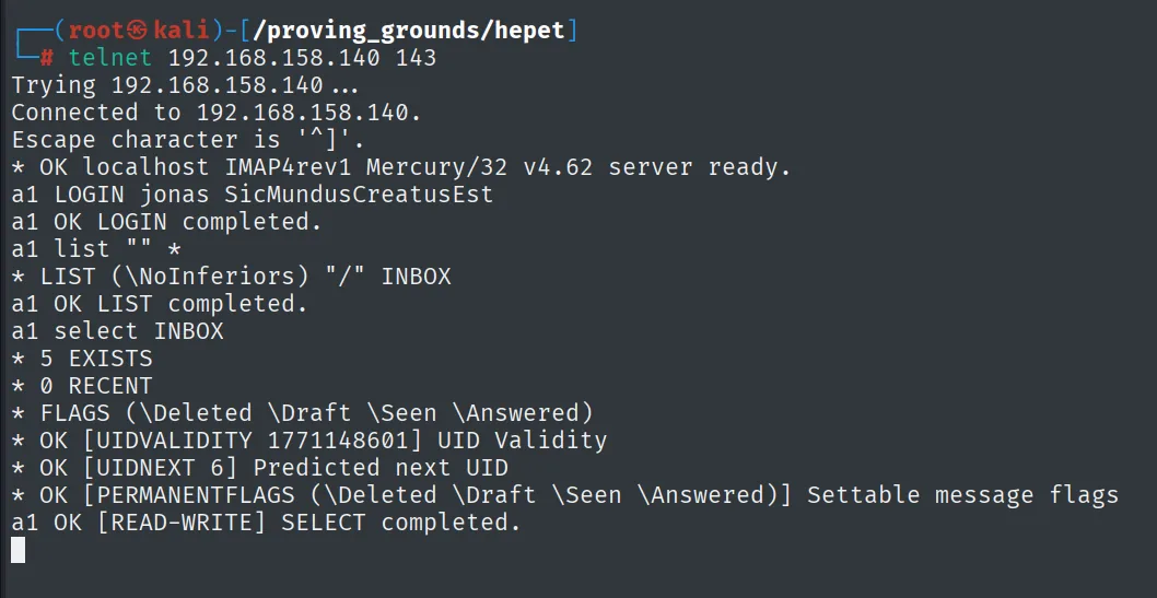 IMAP de Mercury/32 v4.62: login de jonas correcto y SELECT INBOX con 5 EXISTS
