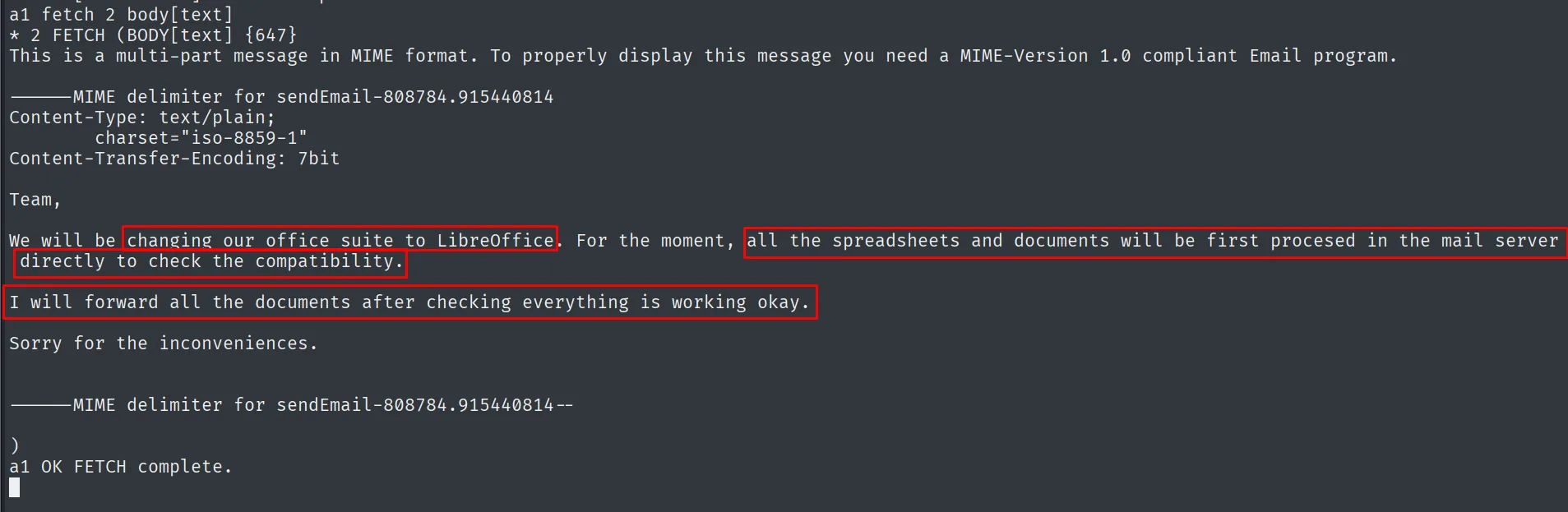 Correo: "changing our office suite to LibreOffice... all the spreadsheets and documents will be first procesed in the mail server directly to check the compatibility"