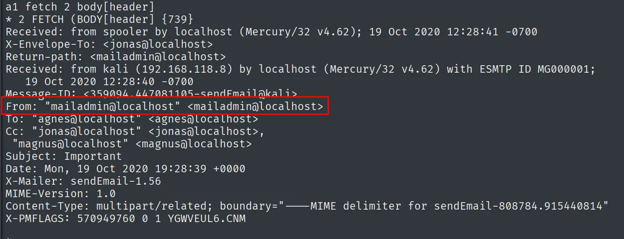 Cabecera del correo: From "mailadmin@localhost", To agnes, Cc jonas y magnus, Subject Important